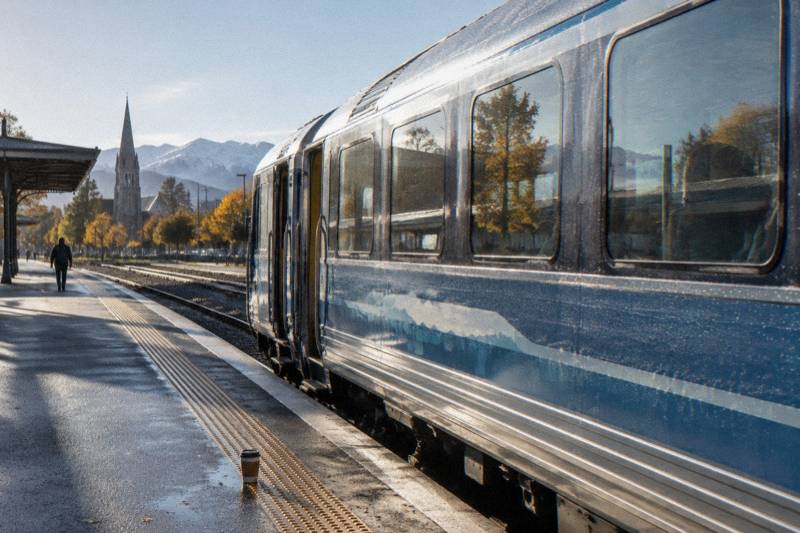 Trains waiting at covered platforms of a modern railway station in Christchurch