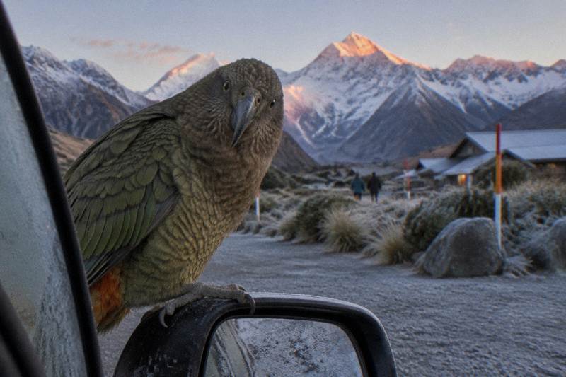 Alpine lodges beneath snow-capped mountain peaks in Aoraki Mount Cook village